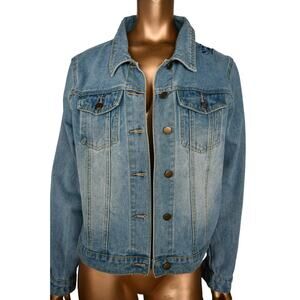 Say What? Women's Embroidered Floral Button Front Denim Jean Jacket Blue Size L